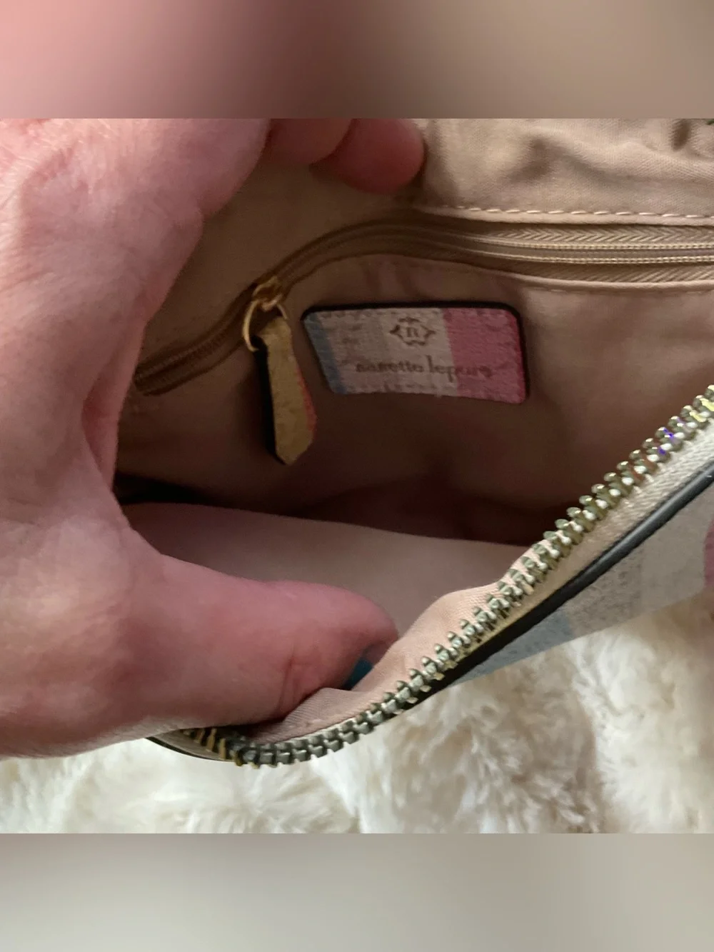 Nanette Lepore cosmetic bag w/ rainbow stripped pattern, zip closure, EUC